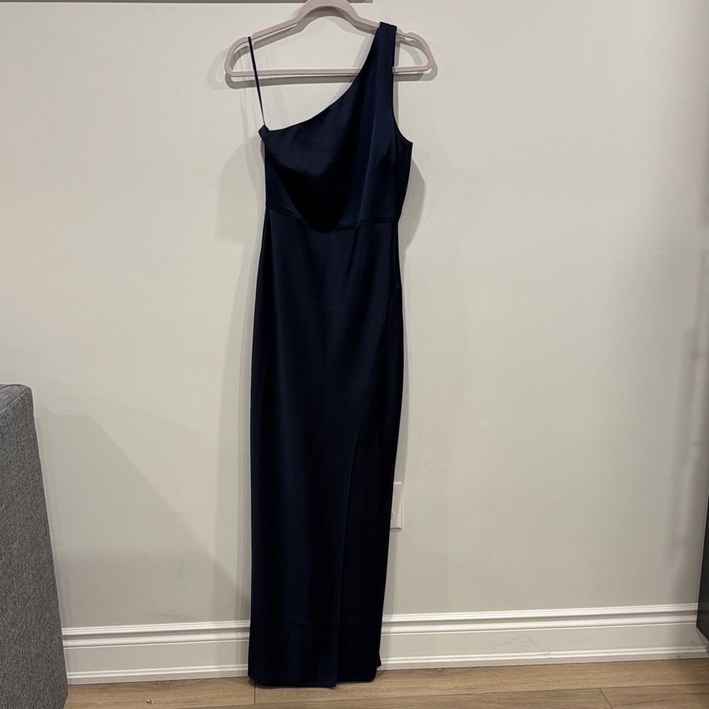 BHLDN Navy One-Shoulder Satin Gown